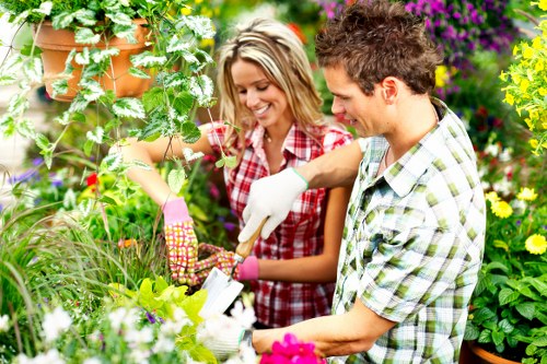 A man and woman working together in a lush garden with a variety of plants, including green hedges, flowering shrubs, and small trees, all set in a well-maintained outdoor space with a grassy lawn in the foreground and flowering plants in the background. They are engaged in gardening activities, wearing gloves, and appear to be trimming or pruning the greenery. The garden features a mix of natural textures, with vibrant flowers, dense foliage, and a paved area partially visible. Soft natural light illuminates the scene, indicating a clear day, with the garden appearing neatly tended and flourishing. This outdoor environment reflects typical features of a landscaped backyard garden, suitable for regular gardening and lawn care services available in Turnham Green, while emphasizing the importance of maintaining healthy, attractive greenery as part of professional gardening expertise.