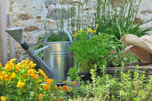 A vibrant garden scene featuring a variety of plants and garden tools arranged along a stone wall. In the foreground, there are clusters of bright yellow and orange flowers, complemented by lush green foliage that includes herbs and small shrubs. Near the center, a metal watering can with a curved handle rests beside a potted plant with delicate green leaves. To the right, a straw garden hat is partially visible, placed on top of a container among taller plants with narrow, upright leaves. The background includes a weathered stone wall that provides a rustic backdrop, while tall grasses or reeds grow behind the plants, adding height and texture. The setting appears to be in natural daylight, with soft, diffused light indicating an overcast day or morning sunlight, contributing to the overall peaceful atmosphere of a well-maintained outdoor garden area, perfect for garden maintenance services such as weeding, planting, or watering at a property nearby in Turnham Green or the Chiswick region.